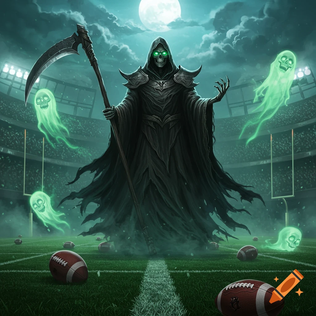 Dark fantasy illustration of the Grim Reaper holding a scythe, surrounded by green ghosts and footballs in a moonlit football stadium.