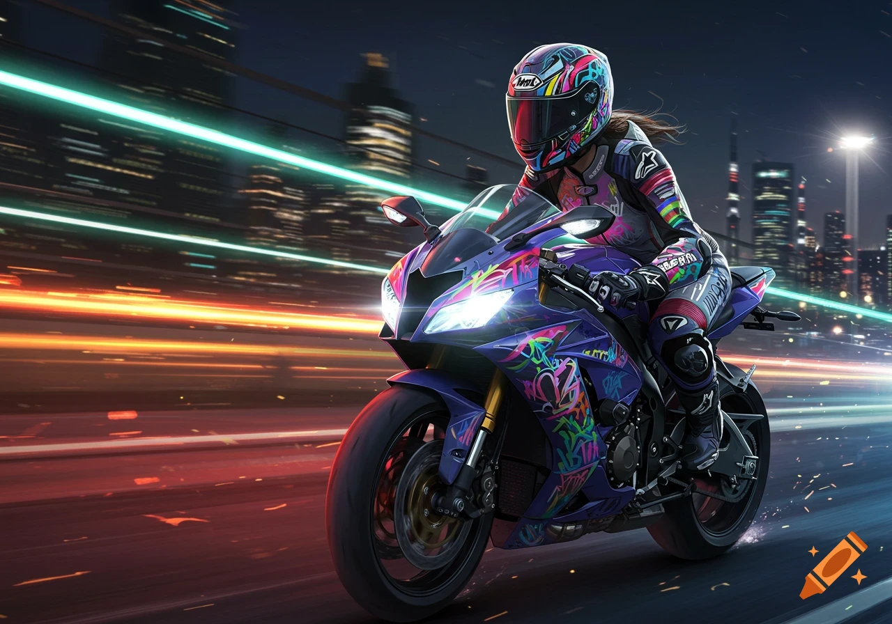 A biker in a colorful suit and helmet rides a purple motorcycle with graffiti patterns through a neon-lit city at night, with motion blur.