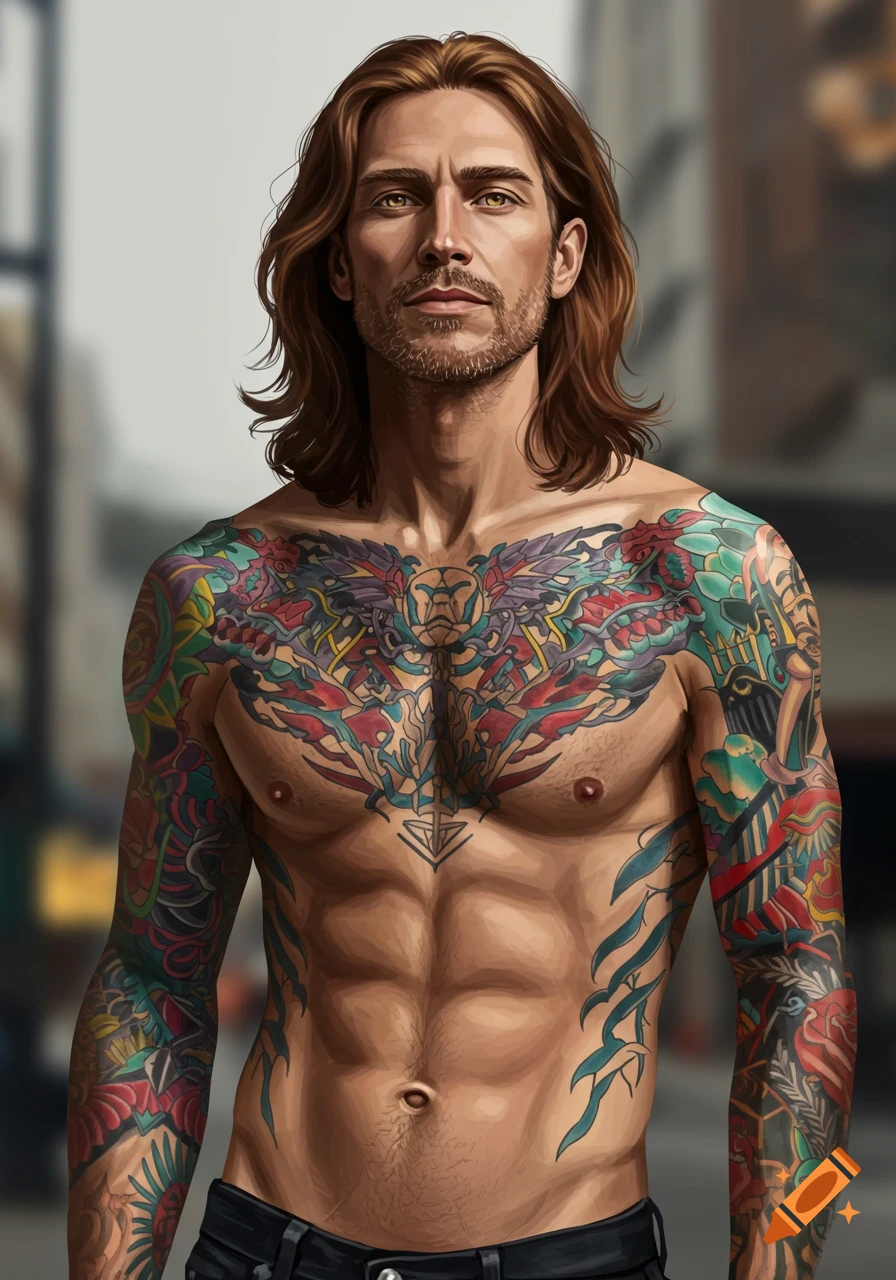 A man with long auburn hair, amber eyes, and a beard, heavily tattooed on his chest and arms, looks directly ahead in an illustrative style.