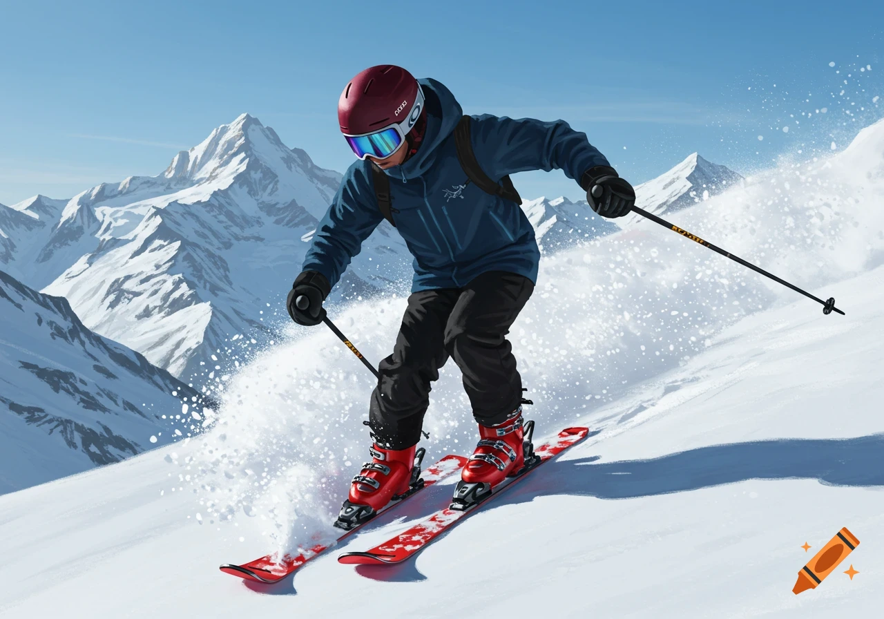 A photorealistic depiction of a skier in a blue jacket, red helmet, and red skis carving down a snowy mountain slope under a clear blue sky.