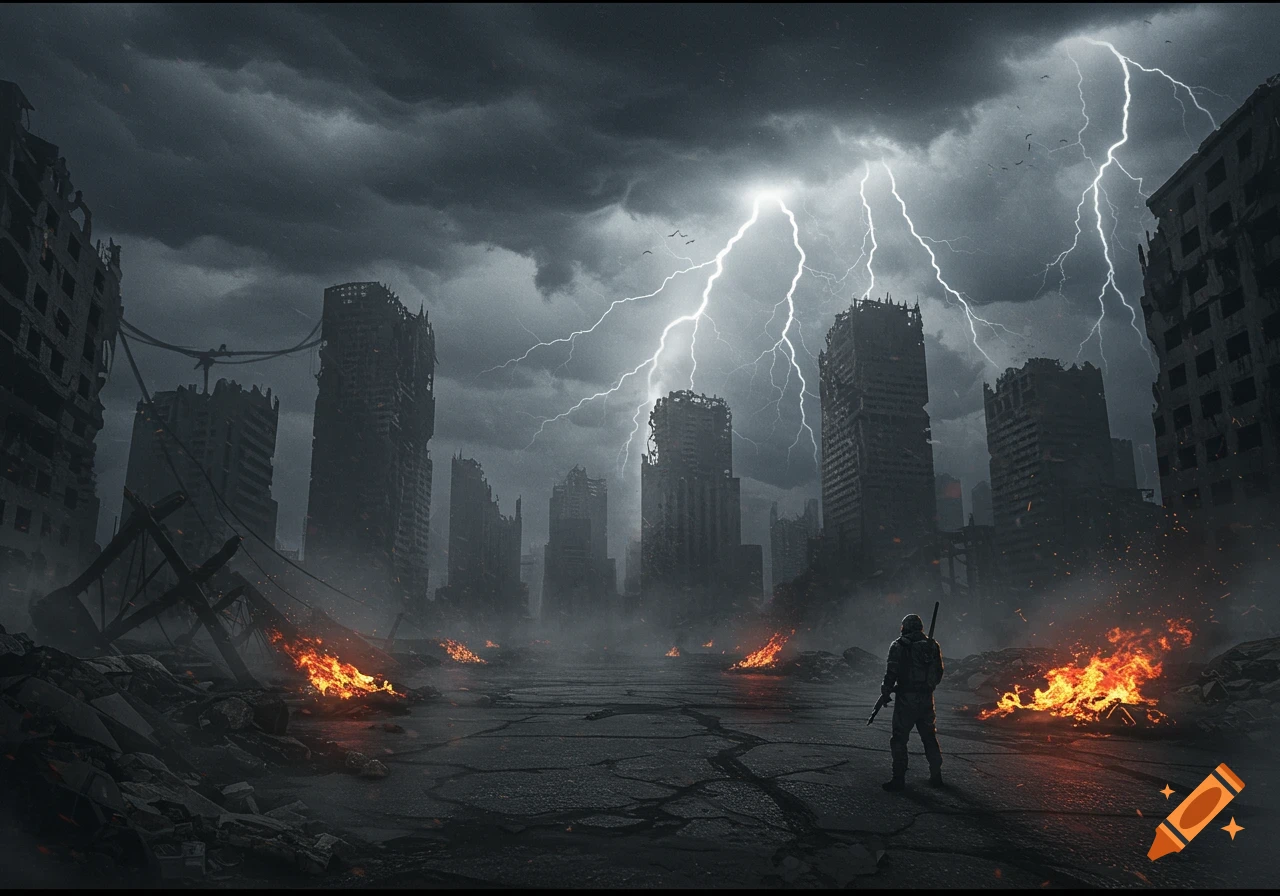 A lone figure stands in a devastated, lightning-struck cityscape engulfed in fire and thick smoke, post-apocalyptic art style.