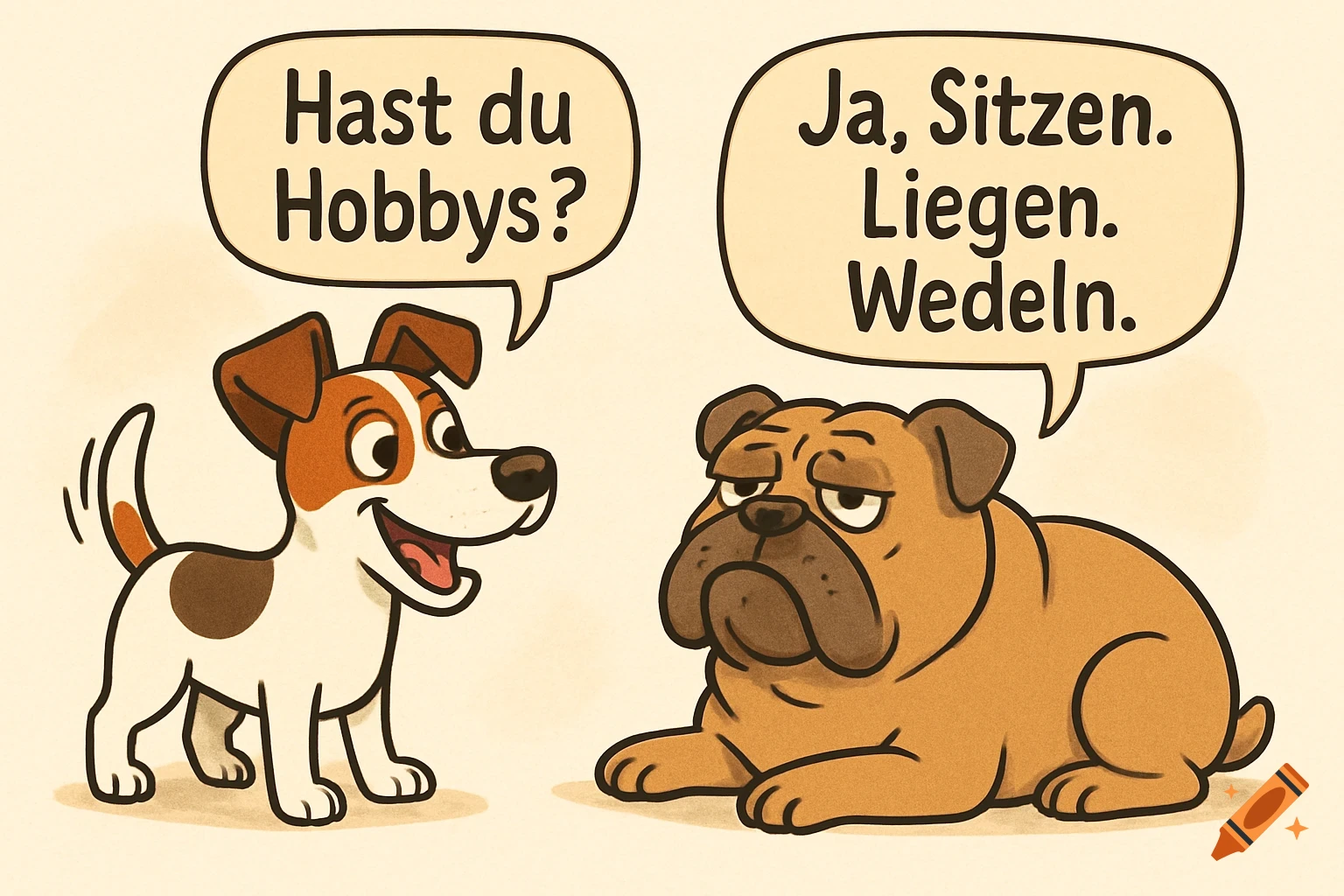 A cartoon Jack Russell terrier asks a bulldog about hobbies, who replies 'Yes, sitting. Lying. Wagging.'
