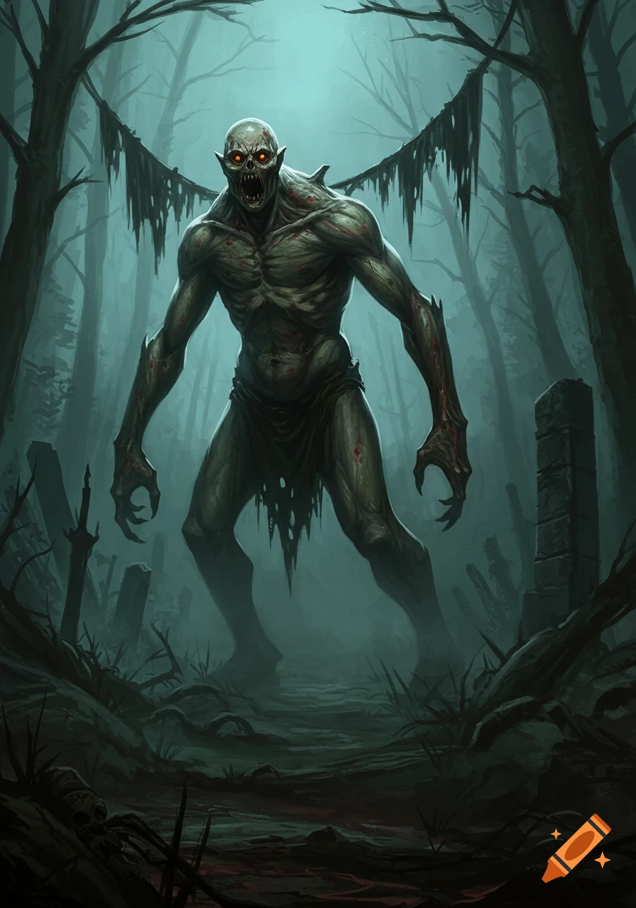A gaunt, green-skinned monster with glowing red eyes and sharp claws stands in a dark, misty forest with graves and skeletal remains.