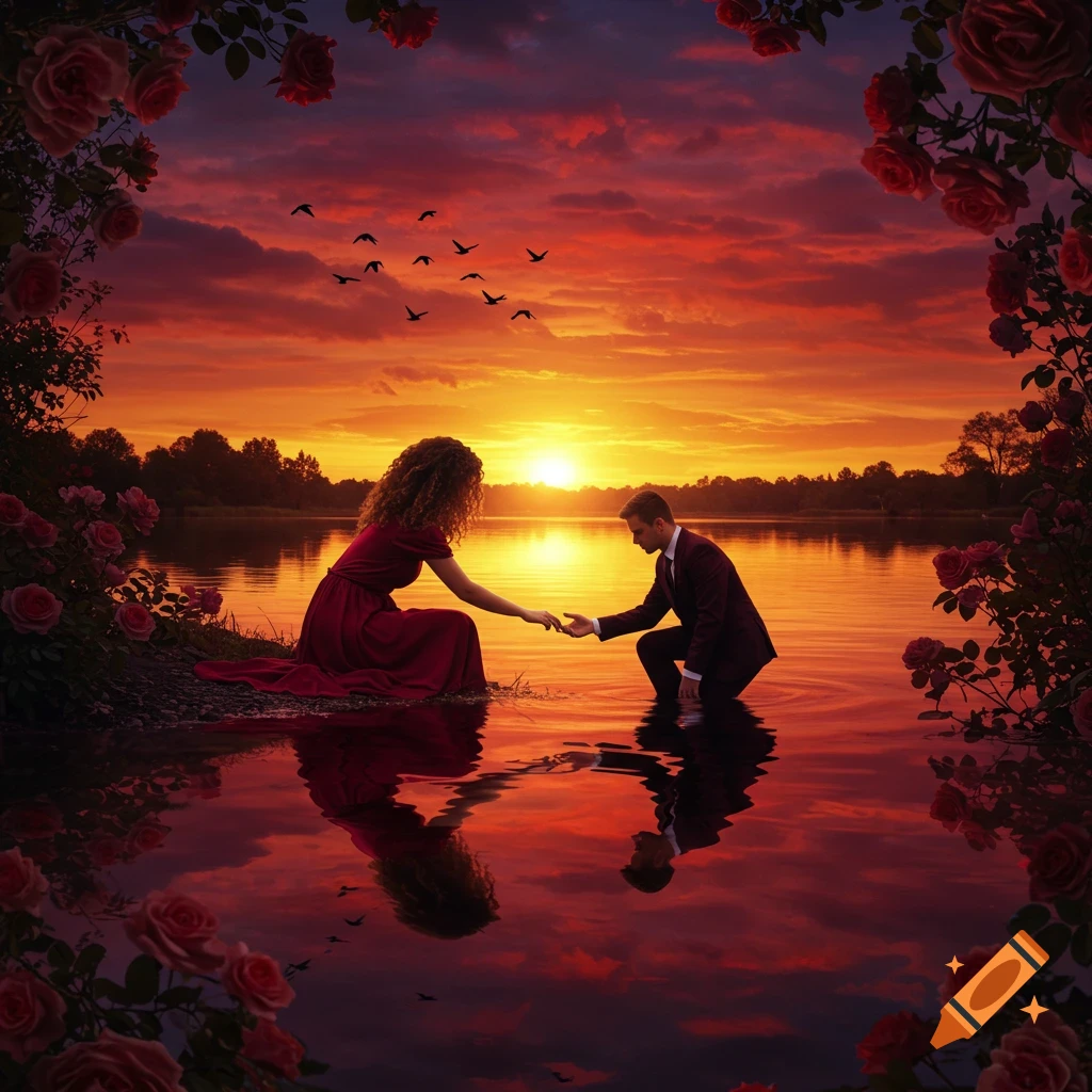 A woman in a red dress kneels by a lake at sunset, reaching for her reflection where a man reaches back. Roses frame the romantic digital painting.