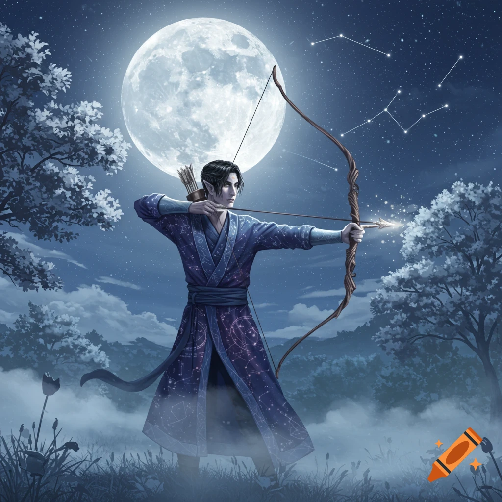 An elf-like archer in a cosmic robe aims a bow and arrow under a large full moon and starry night sky.