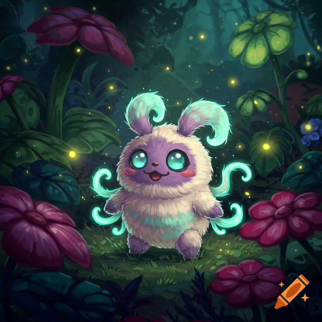 A fluffy, purple and white monster with glowing blue eyes and tendrils stands in a dark, magical forest with large flowers and fireflies, in an illustration style.