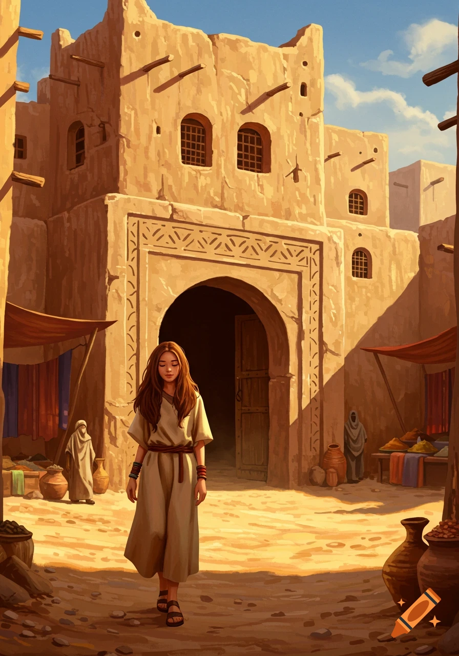 A brown-haired girl in a beige tunic walks through a sunny Middle Eastern street with mudbrick buildings and market stalls, in an illustration style.