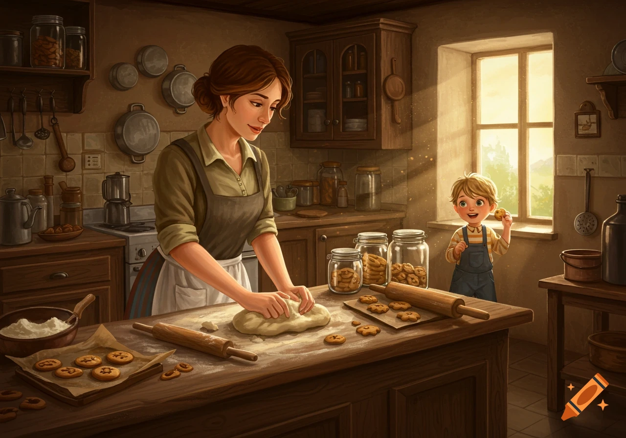 A woman bakes pastries in a rustic kitchen while a young boy smiles, holding a cookie in his hand.