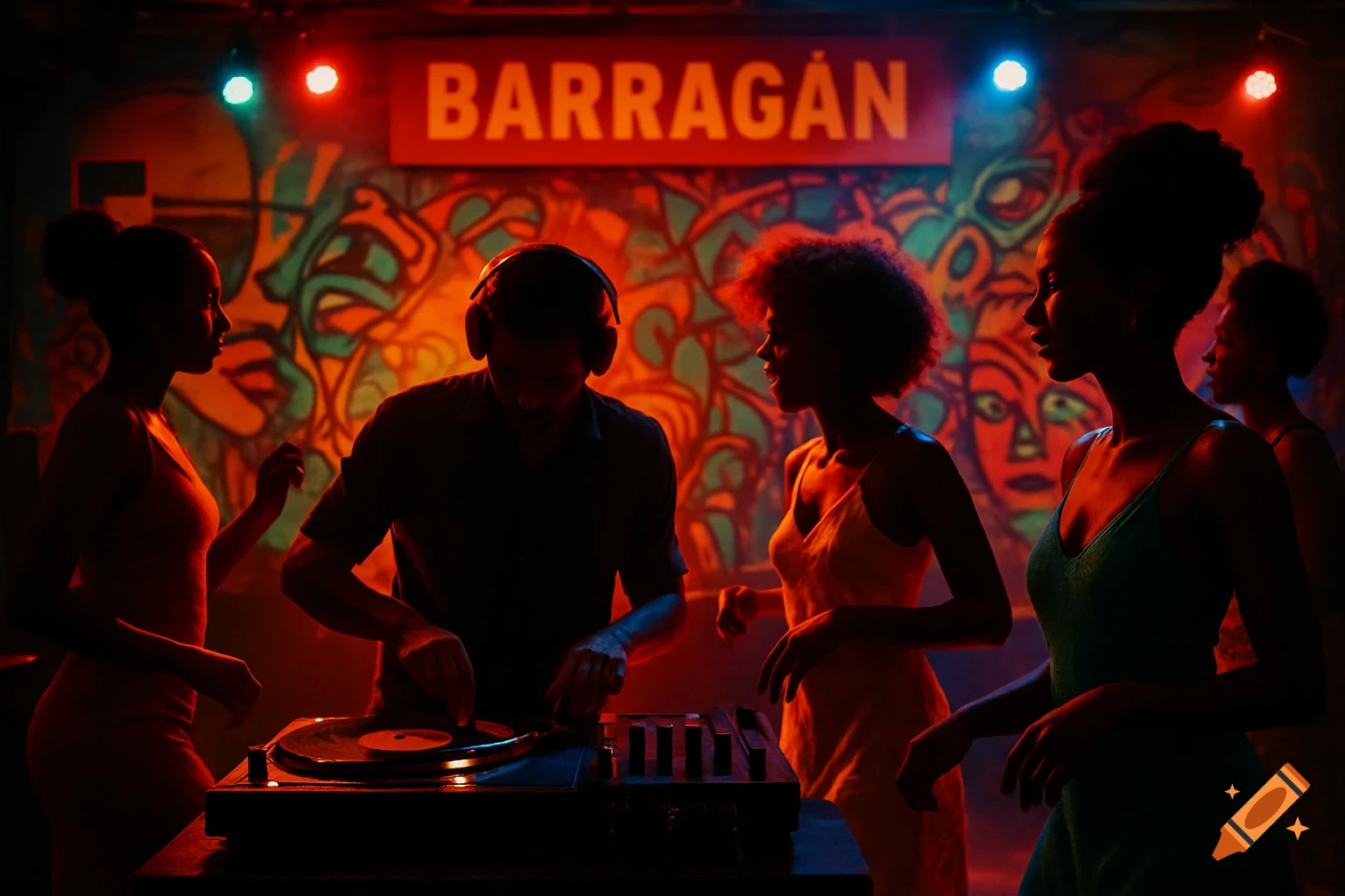 A DJ plays vinyl in a dimly lit bar, surrounded by black women dancing. A mural and 'BARRAGÁN' sign are in the background.