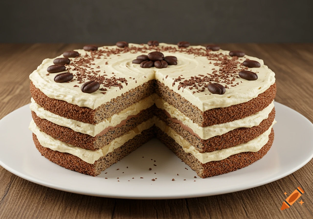 A realistic photo of a sliced, multi-layered coffee cake with vanilla cream frosting, chocolate shavings, and mocha beans on a white plate.