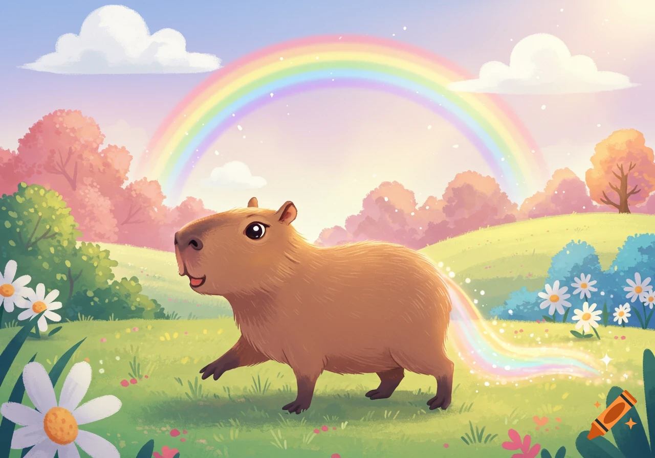 A cute cartoon capybara walks through a sunny field with flowers, farting a vibrant rainbow under a large rainbow arc.