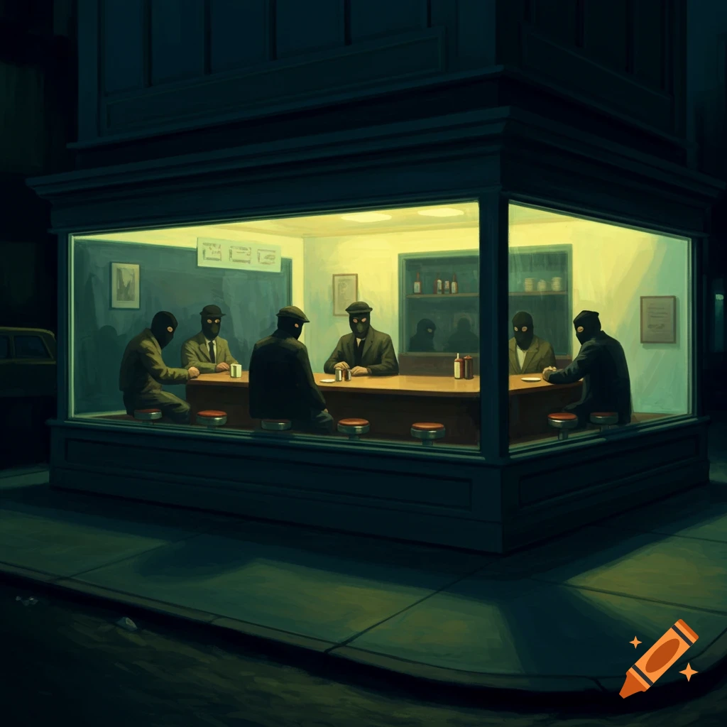 A painting in the style of Hopper's Nighthawks, showing five men in balaclavas at a brightly lit diner counter at night.