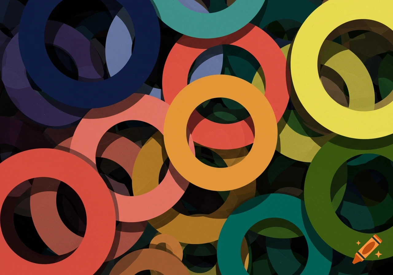 A vibrant abstract pattern of overlapping circular rings in various colors like navy, coral, yellow, and teal, on a dark background.