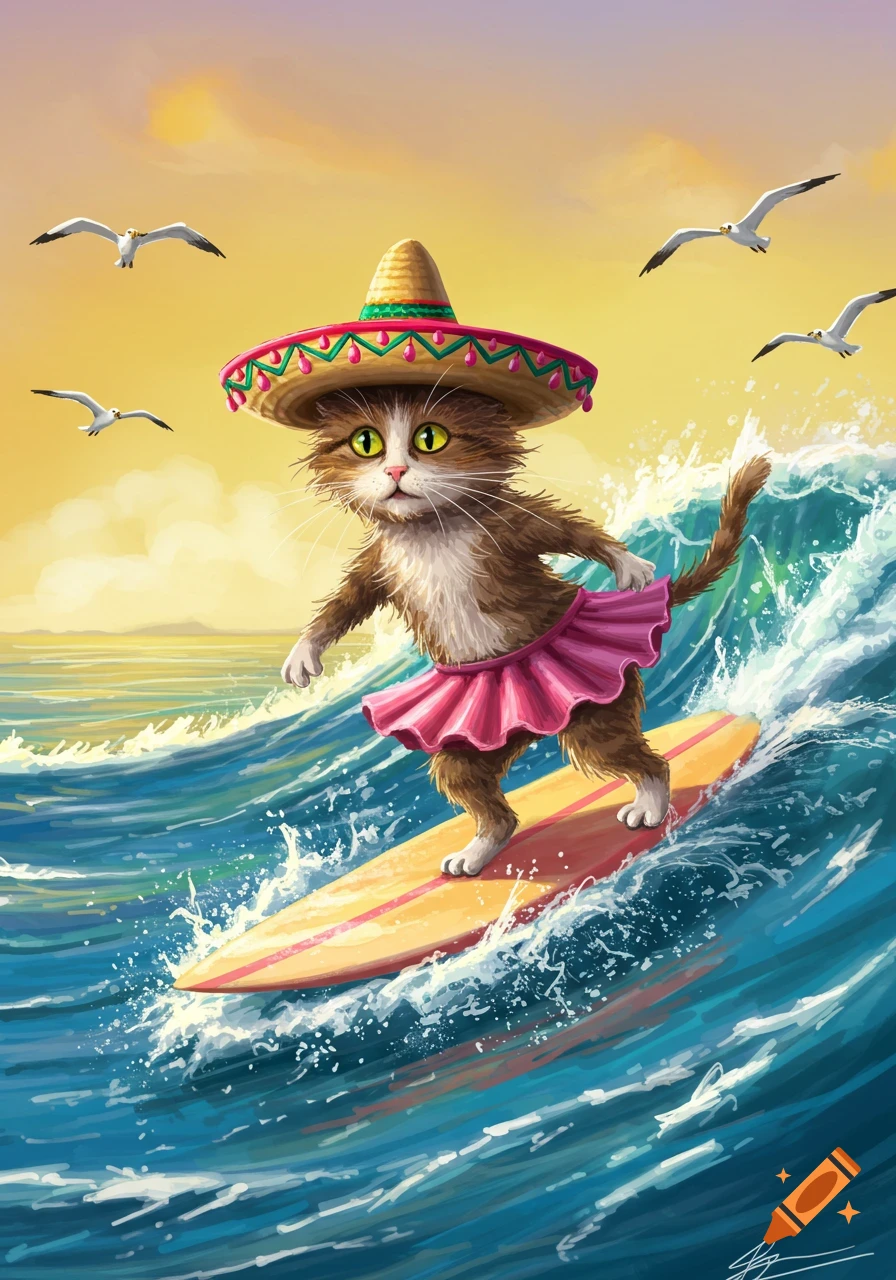 A cartoon cat wearing a sombrero and a pink tutu surfs a blue wave in the ocean under a yellow sky with seagulls.