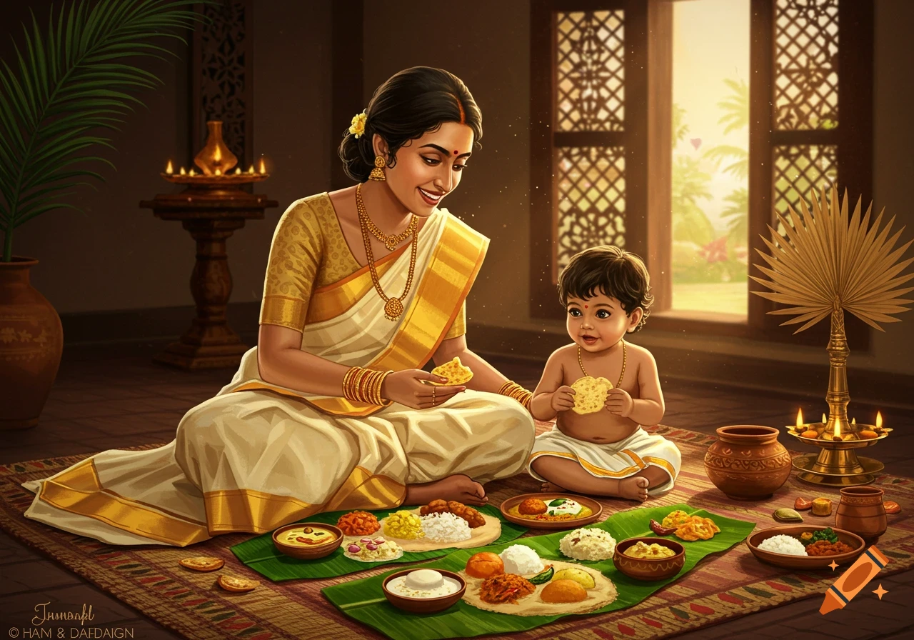 Digital illustration: A smiling Kerala woman and child eating a traditional Onam Sadya meal on a mat in a warmly lit home.