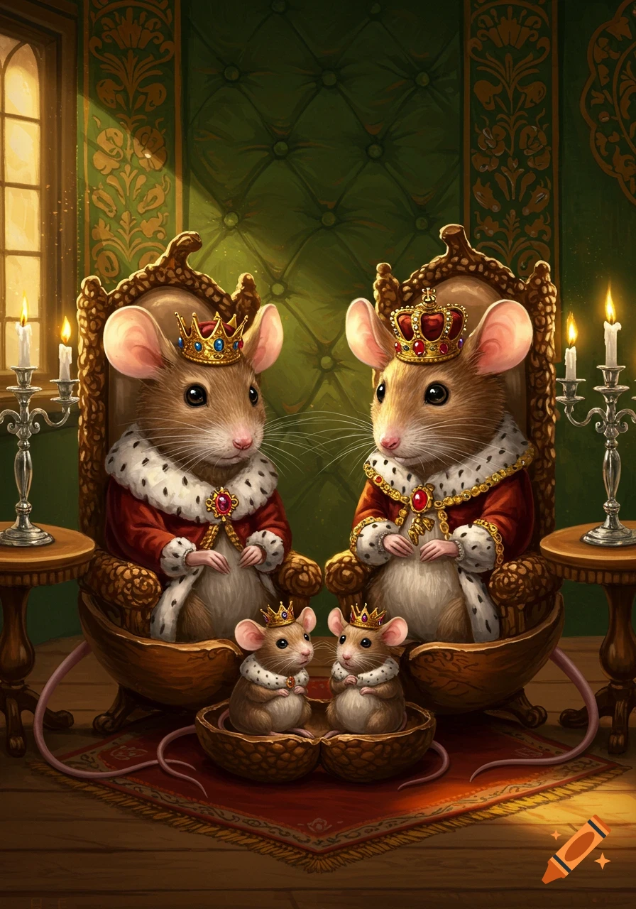 Two regal adult mice and two baby mice in crowns sit in an opulent, green-paneled room with lit candles.