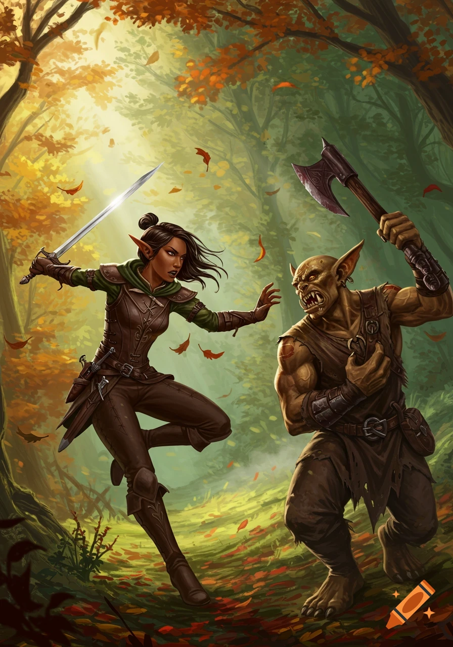 A dark-skinned half-elf wields a sword against a snarling hobgoblin with an axe in an autumn forest.