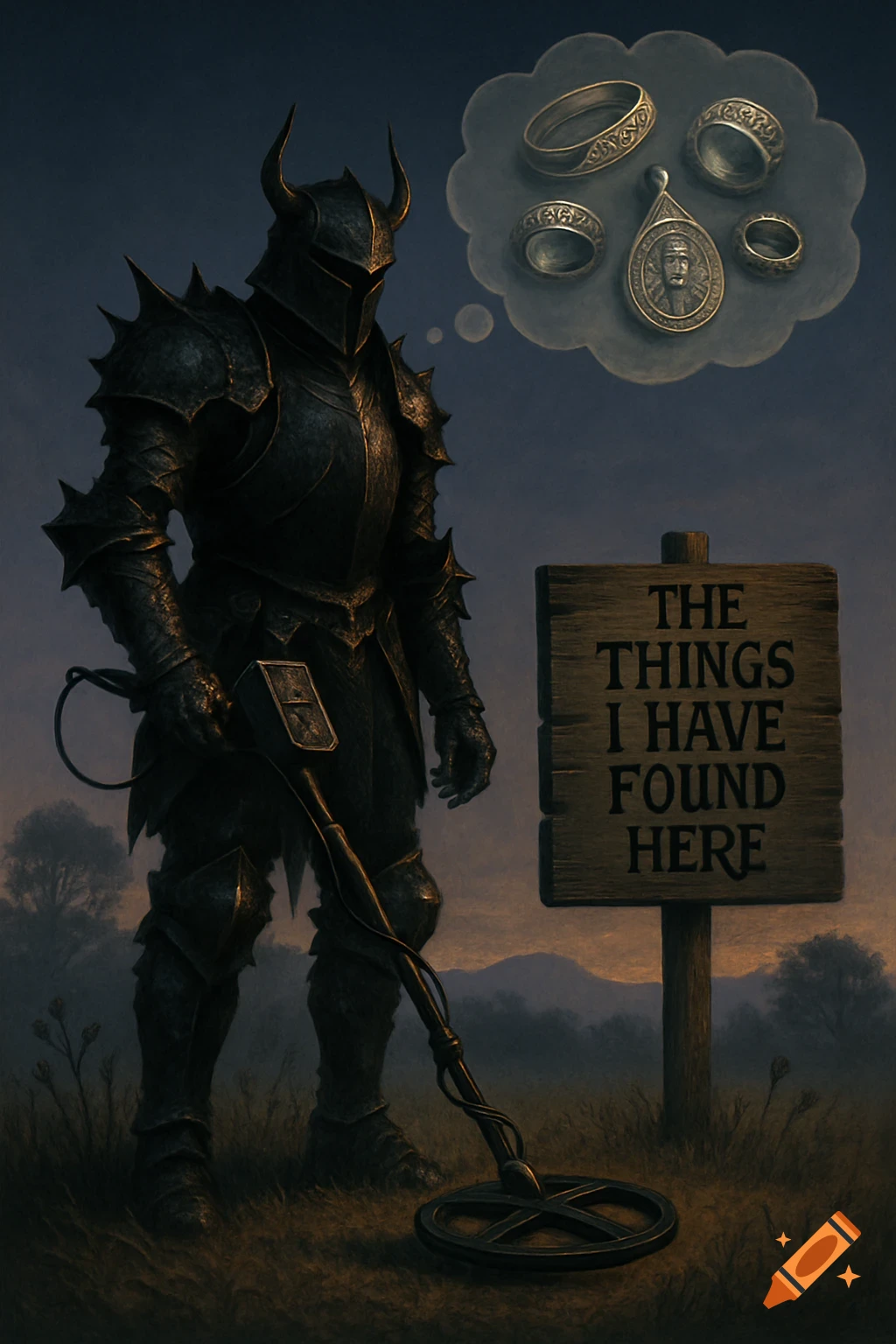 A dark armored knight with a metal detector in a field at dusk, thinking of silver jewelry. A sign reads 'THE THINGS I HAVE FOUND HERE'.