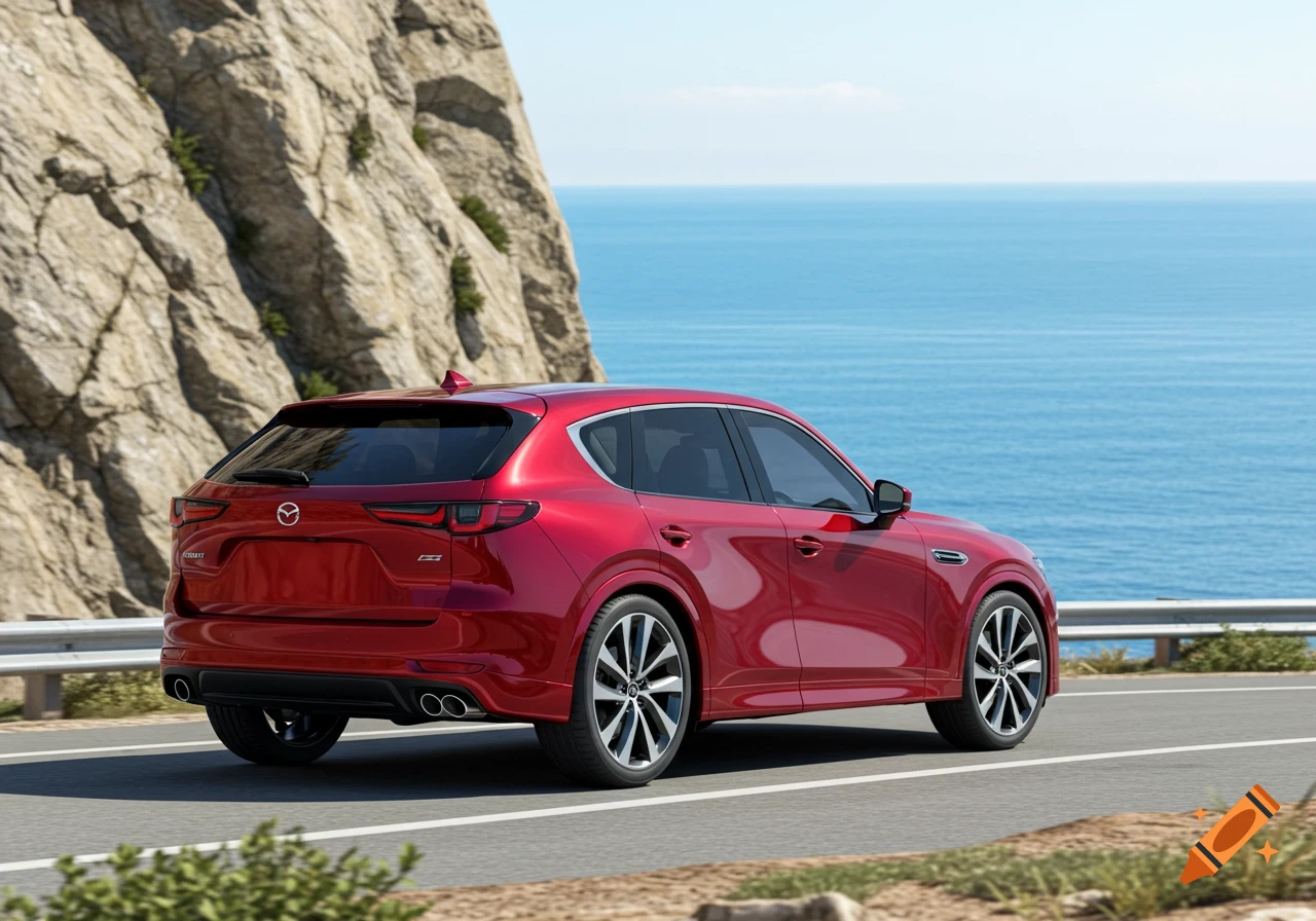 A red Mazda CX-60 SUV drives on a winding coastal road with a rocky cliff on one side and the ocean on the other.