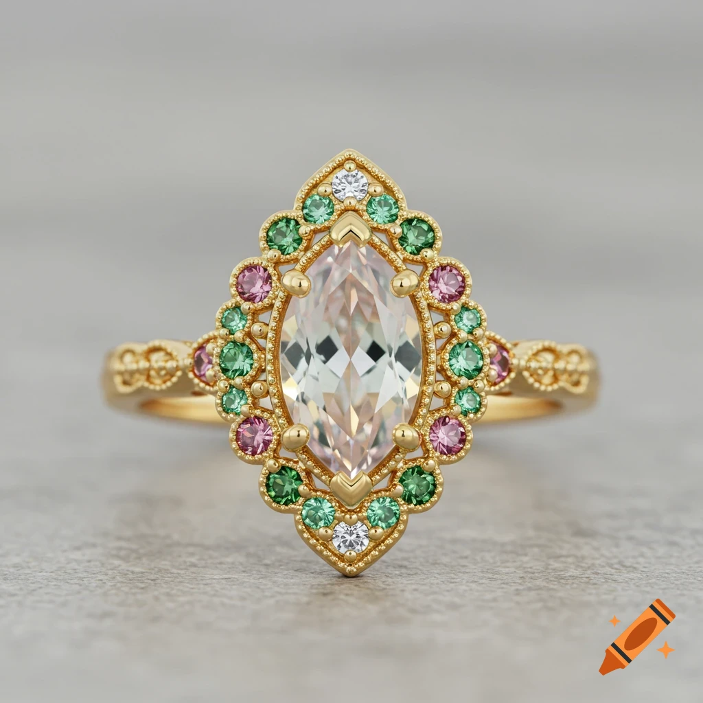 Vintage gold engagement ring with a marquise center stone, surrounded by pink and green gems, on a gray surface.