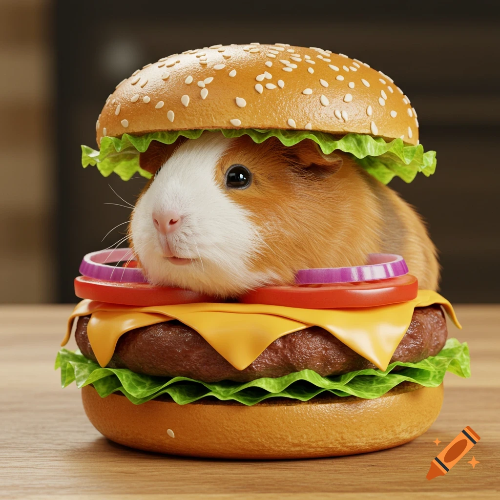 A photorealistic image of a guinea pig nestled inside a hamburger, with its head poking out from under the bun.