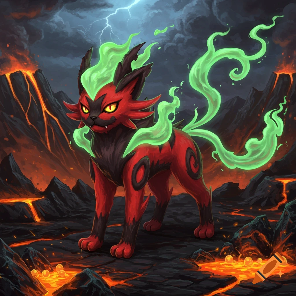 Red and black cat-like fire and poison type Pok emon with green flames in a volcanic landscape with lava and lightning, illustration.