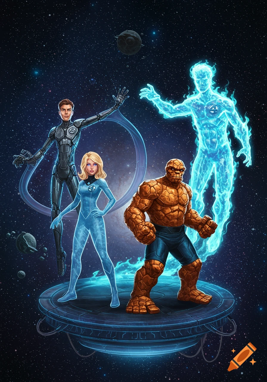 The Fantastic Four heroes Mister Fantastic, Invisible Woman, The Thing, and Human Torch stand in space in a comic art style.