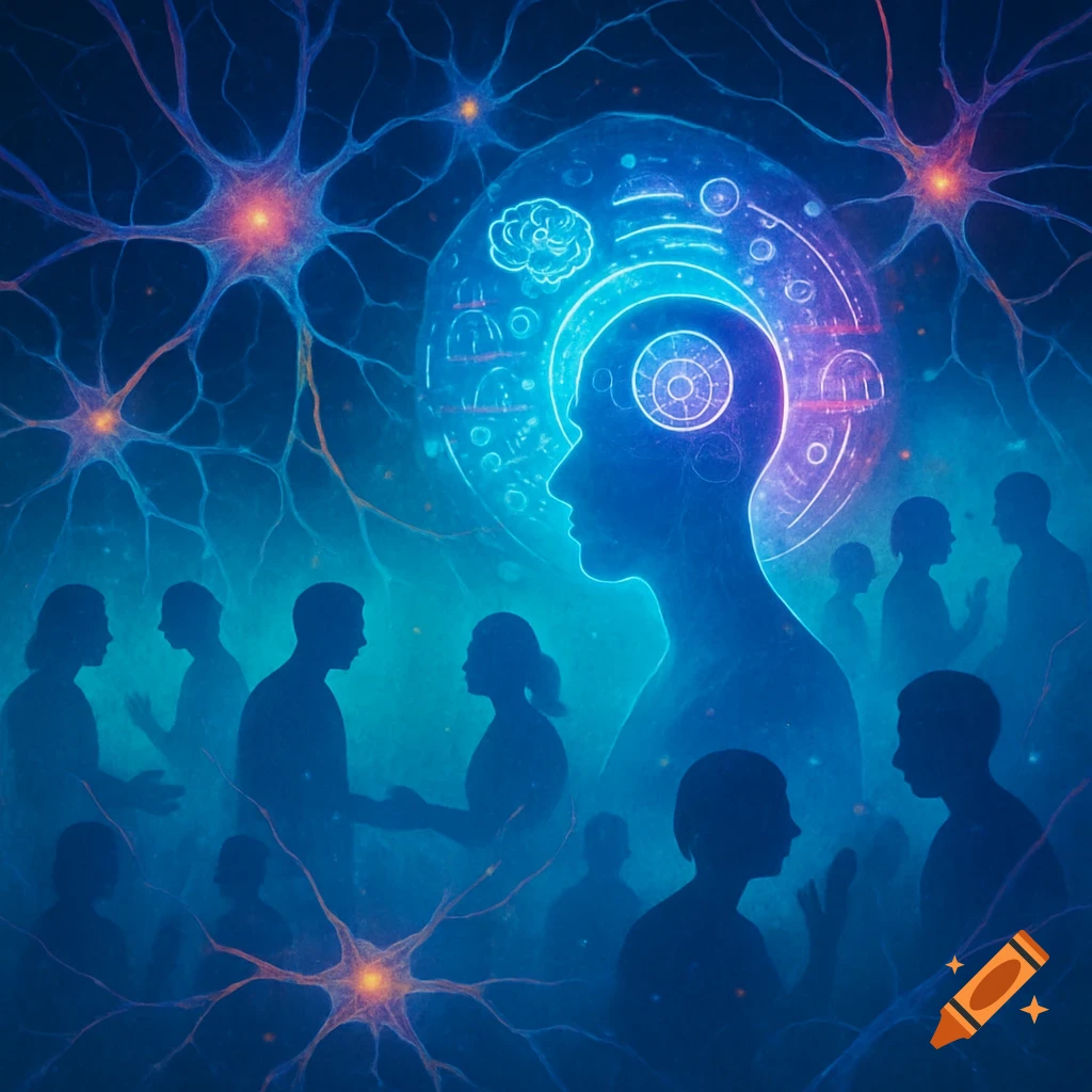Abstract digital art depicting glowing blue neural networks, a central human head with intricate mechanisms, and interacting human silhouettes.