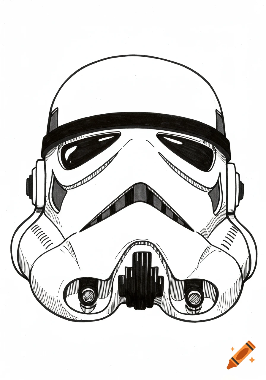 Black and white pen and ink illustration of a Stormtrooper helmet in front view, inspired by Hergé's style.