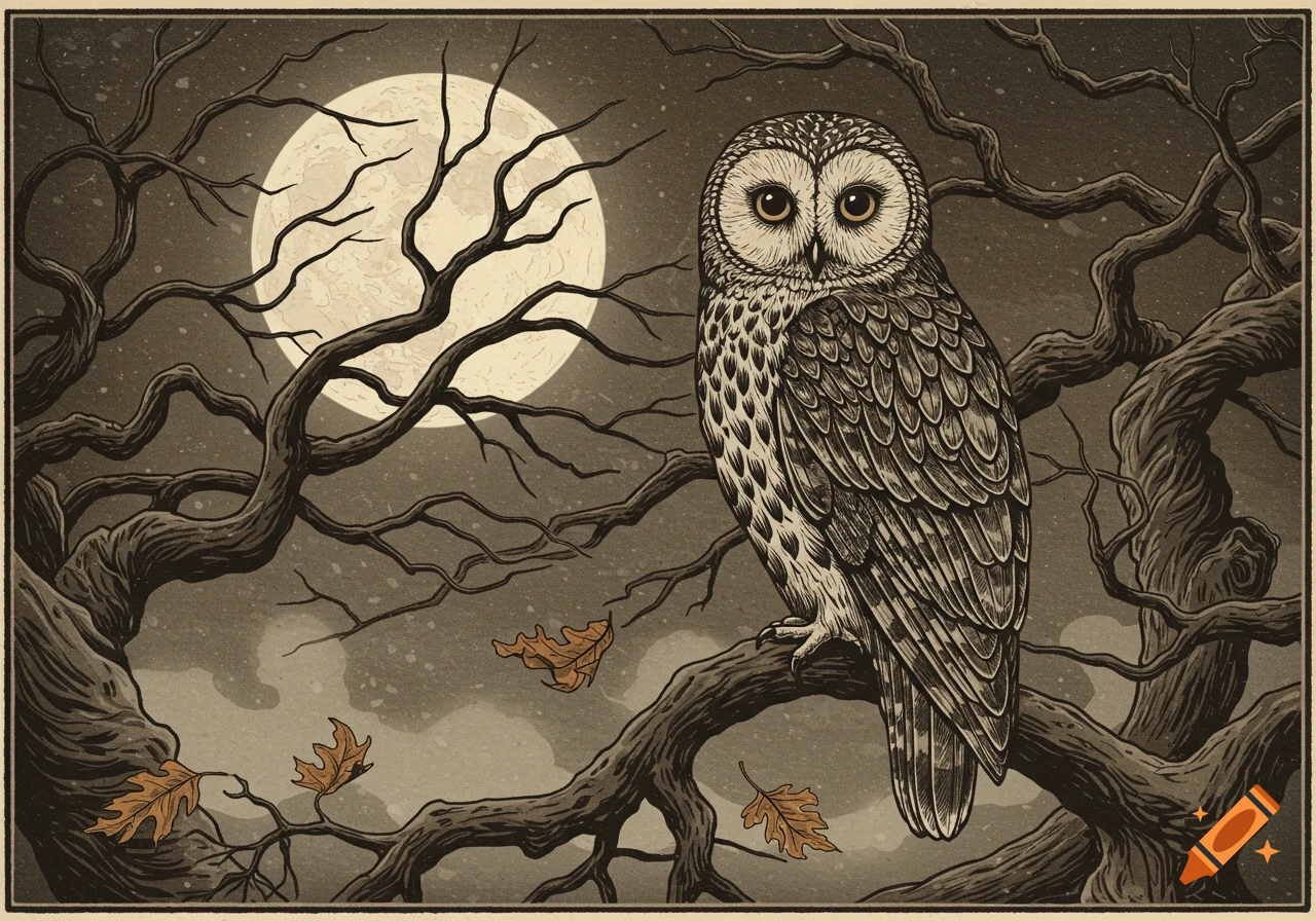 A detailed vintage illustration of an owl perched on a bare tree branch under a full moon at night, with autumn leaves.