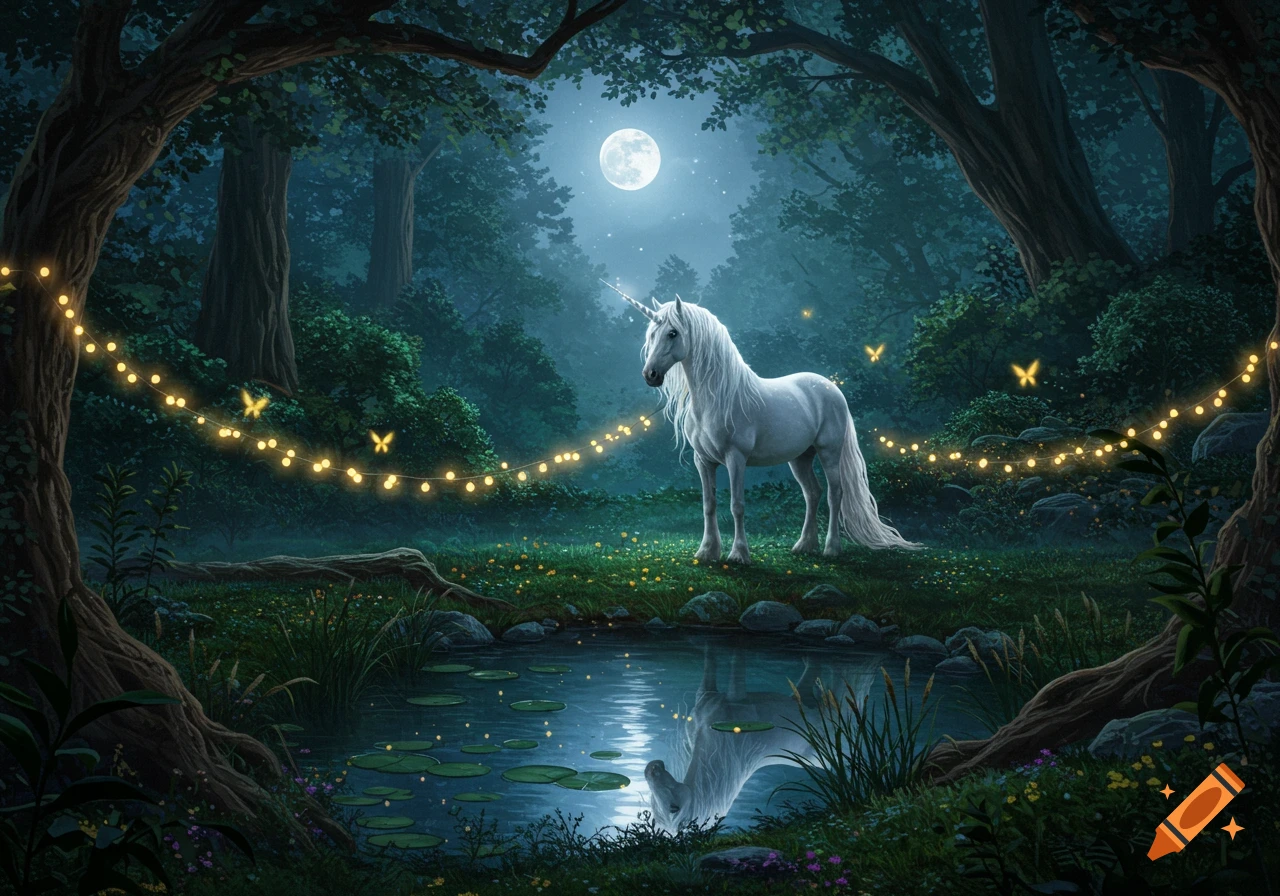 A white unicorn stands by a pond in a moonlit, enchanted forest with string lights and glowing butterflies.