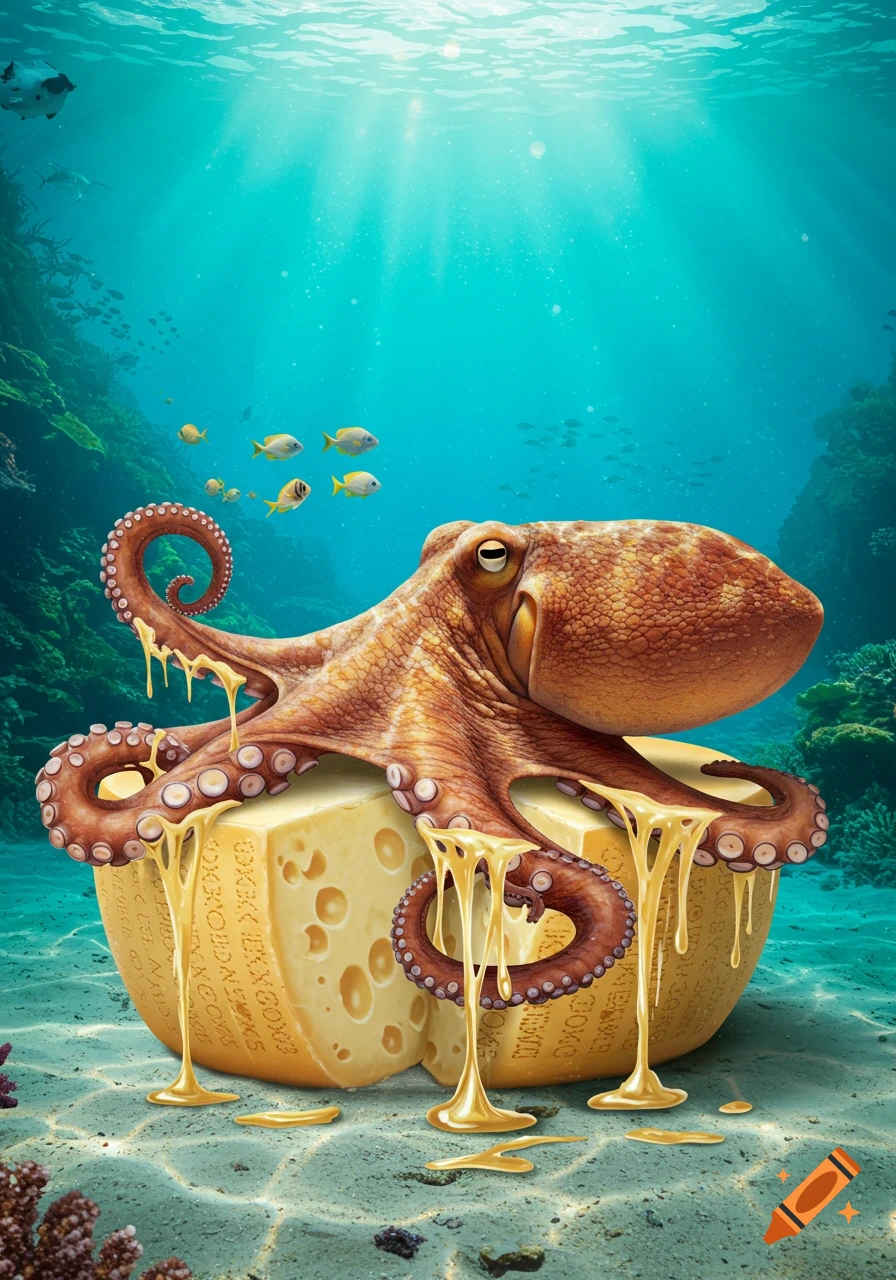 A photorealistic octopus sits on two large cheese wheels on the ocean floor, with yellow melted cheese dripping. Fish swim in the background.