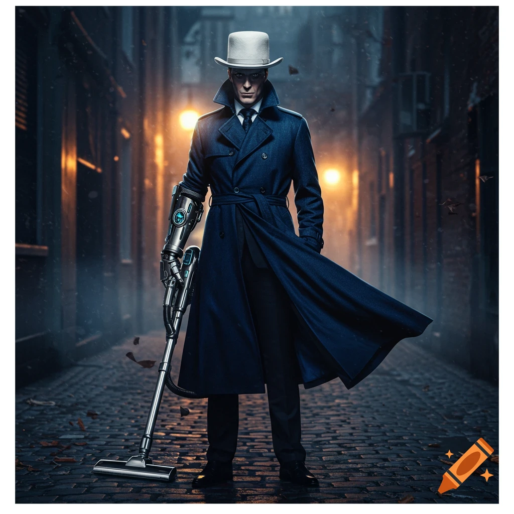 Photorealistic image of a man in a white top hat and blue trench coat, with a vacuum cleaner for an arm, standing in a dark, wet alley.