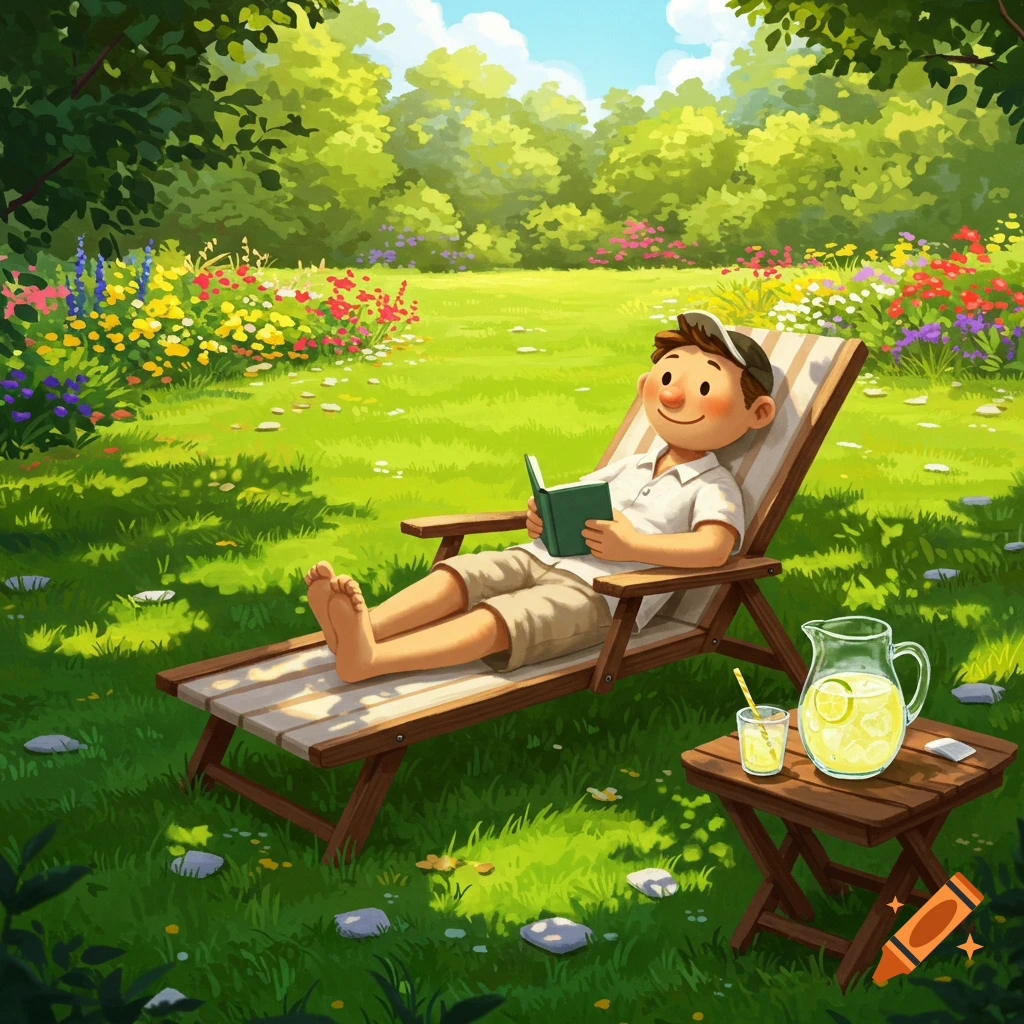 Cartoon illustration of a boy relaxing in a lounge chair, reading a book in a sunny garden with lemonade.