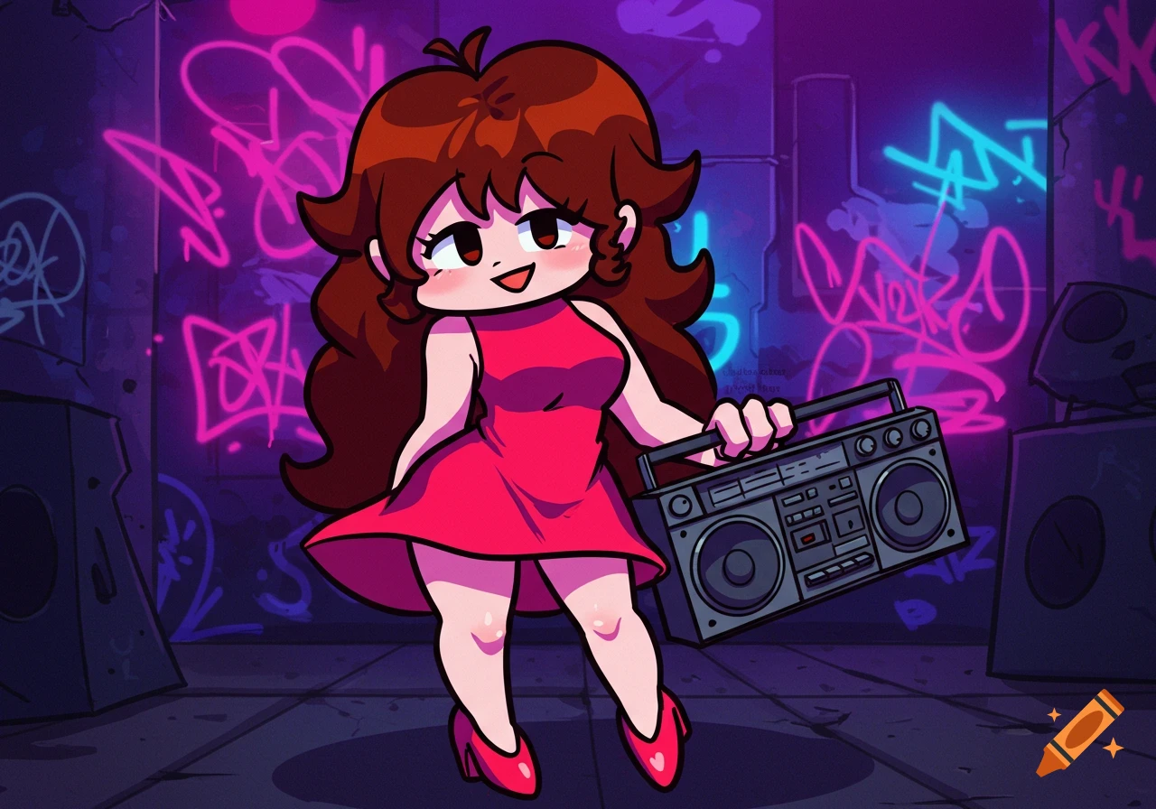 A smiling cartoon character with brown hair and a pink dress holds a boombox against a neon pink and blue graffiti background.