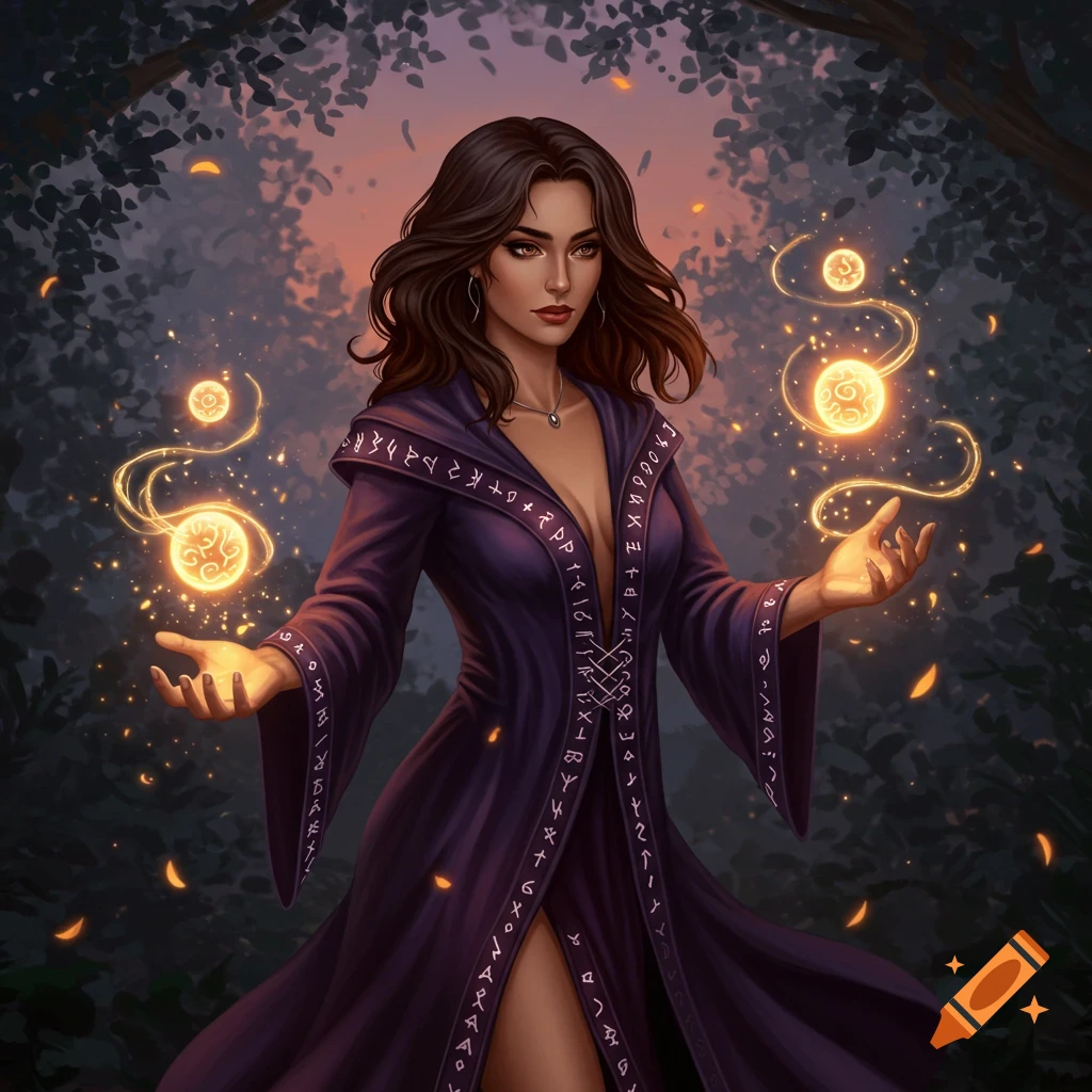 A dark-haired sorceress in a deep purple, hooded robe with runes, conjuring glowing orbs of magic in a mystical forest setting.