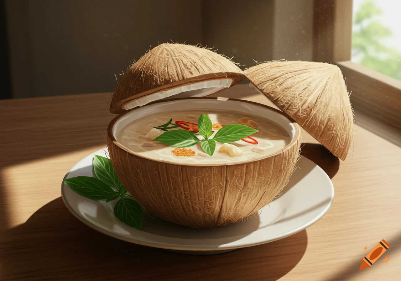 Creamy soup with herbs and chili served in a coconut shell, with two coconut lids on a wooden table near a window.
