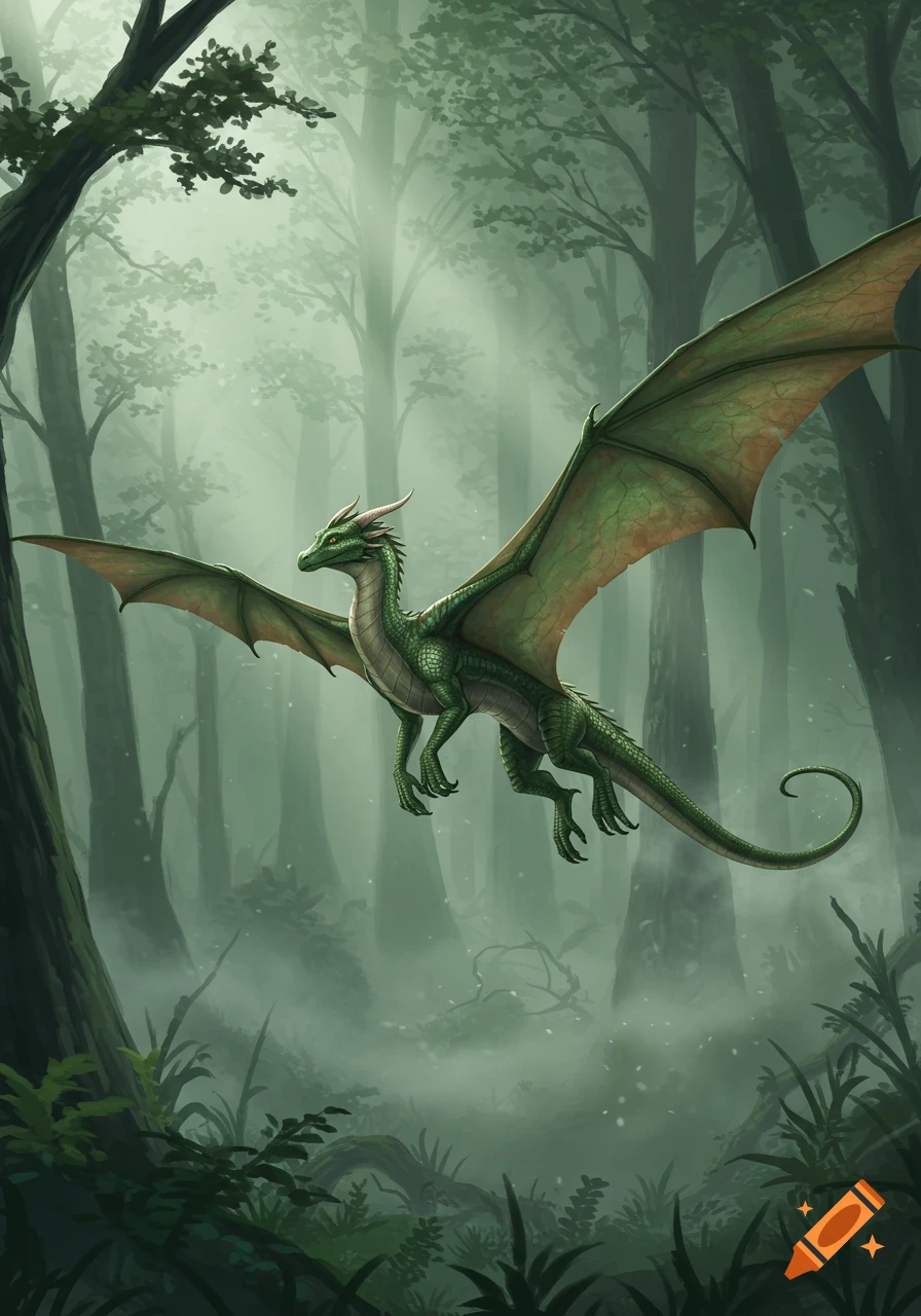 A sleek green dragon with large wings glides through a misty forest, an ethereal fantasy illustration.