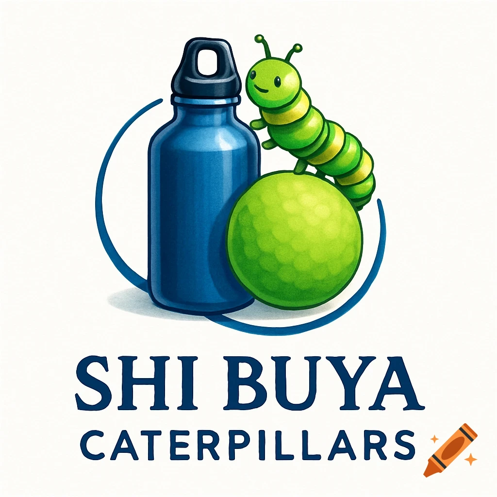 A cartoon logo featuring a blue water bottle, a green ball, and a smiling green and yellow caterpillar. Text below reads 'SHI BUYA CATERPILLARS'.