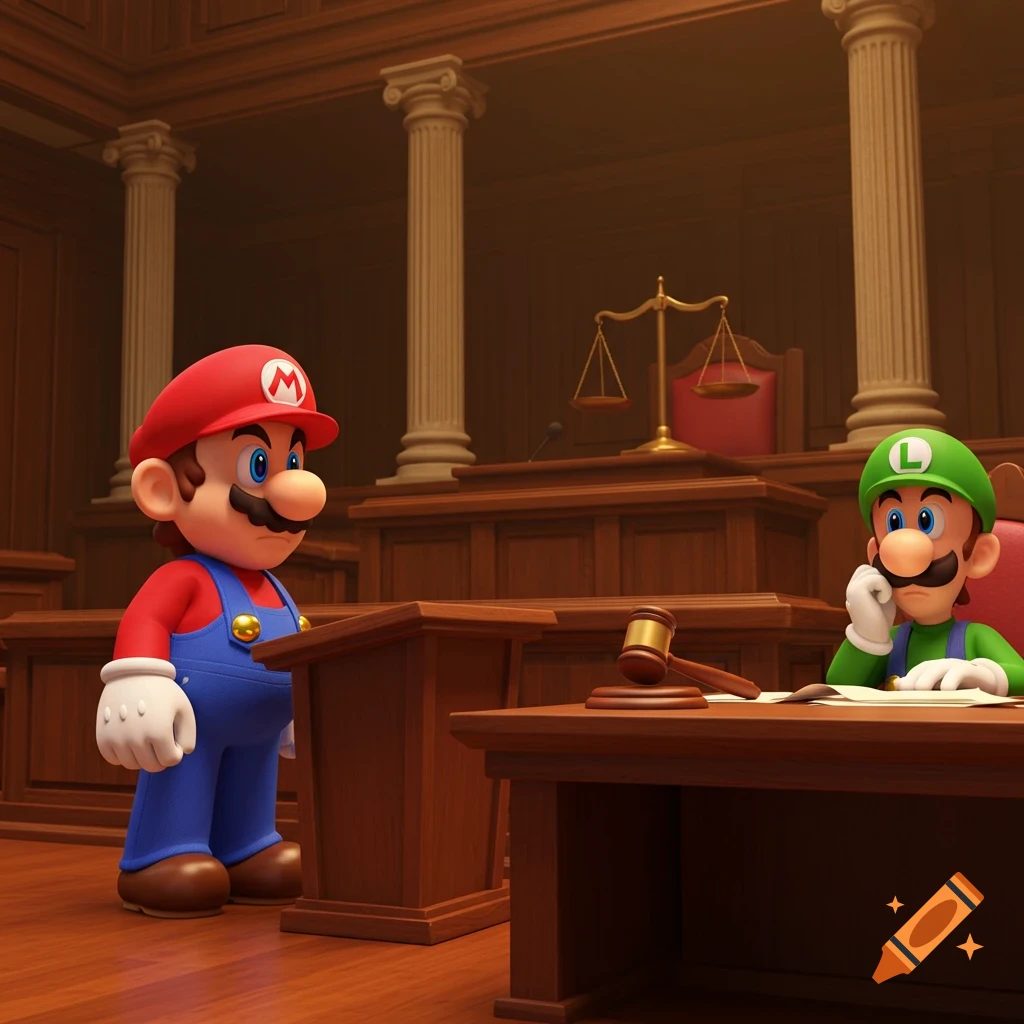 Mario stands at a podium in a 3D cartoon courtroom, looking intently, while Luigi sits at a table with a gavel, looking thoughtful.