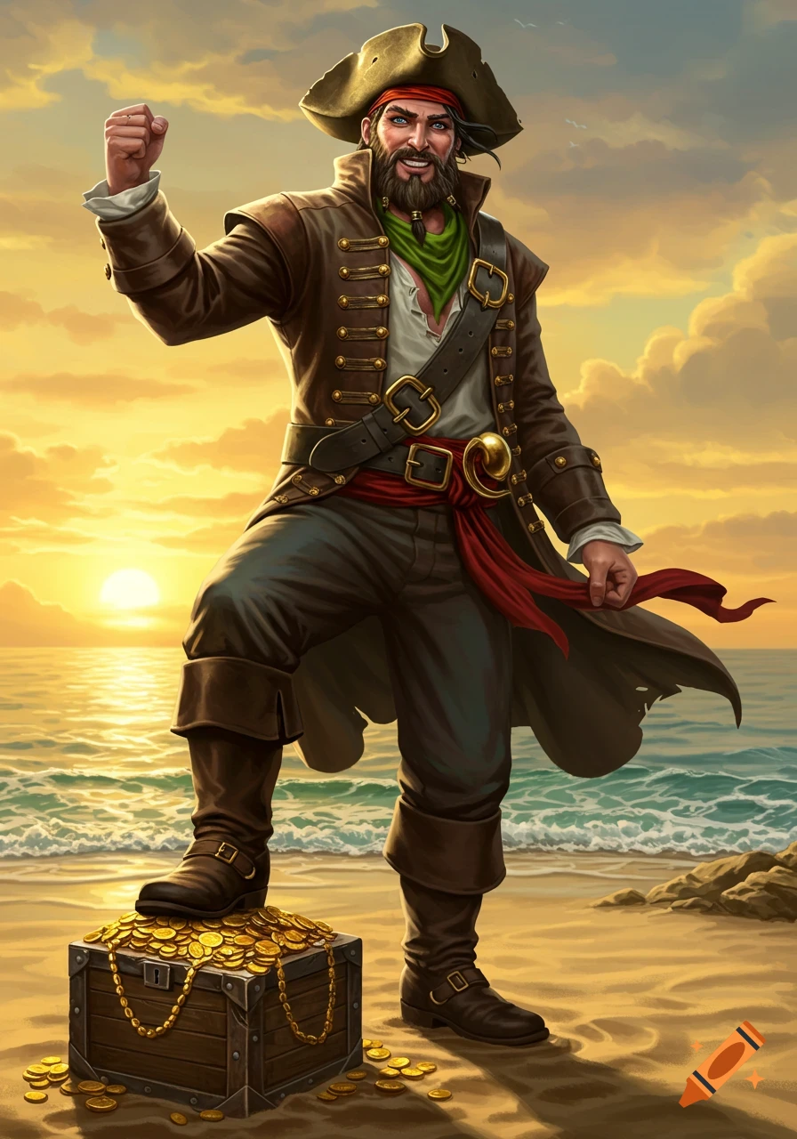 A proud pirate on a beach at sunset, his foot on a treasure chest overflowing with gold coins, digital art.