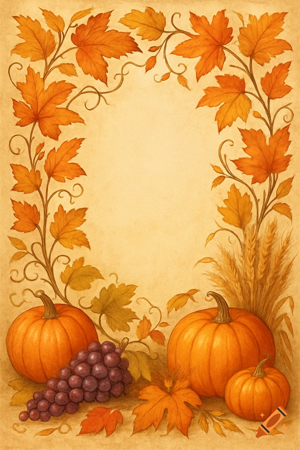 Watercolor-style autumn border with orange maple leaves, pumpkins, grapes, and wheat on a parchment background.