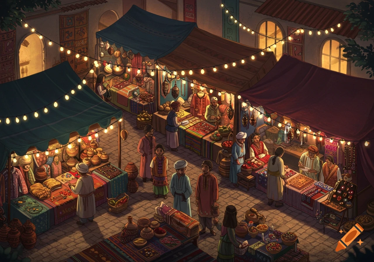 Overhead view of a bustling Middle Eastern night market with numerous stalls selling goods, people browsing, and warm string lights, in an illustrative style.