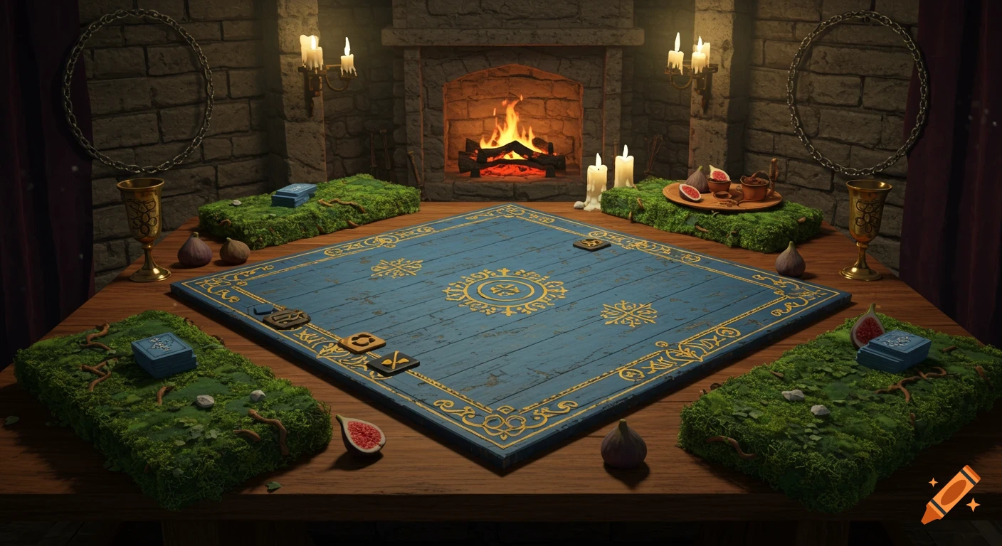 Detailed medieval game board scene with a blue board, mossy pads, playing pieces, golden goblets, figs, and a lit fireplace.