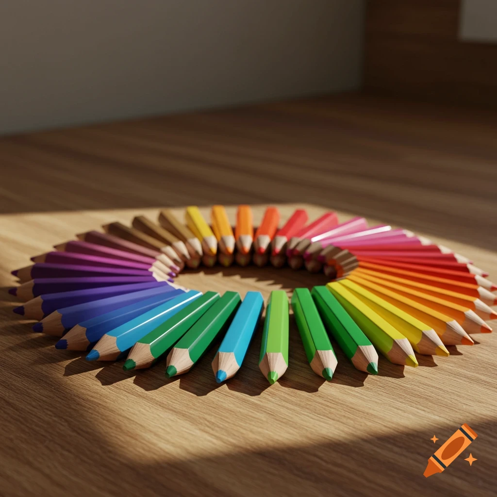 Colored pencils arranged in a rainbow circle on a wooden table, bathed in warm sunlight.