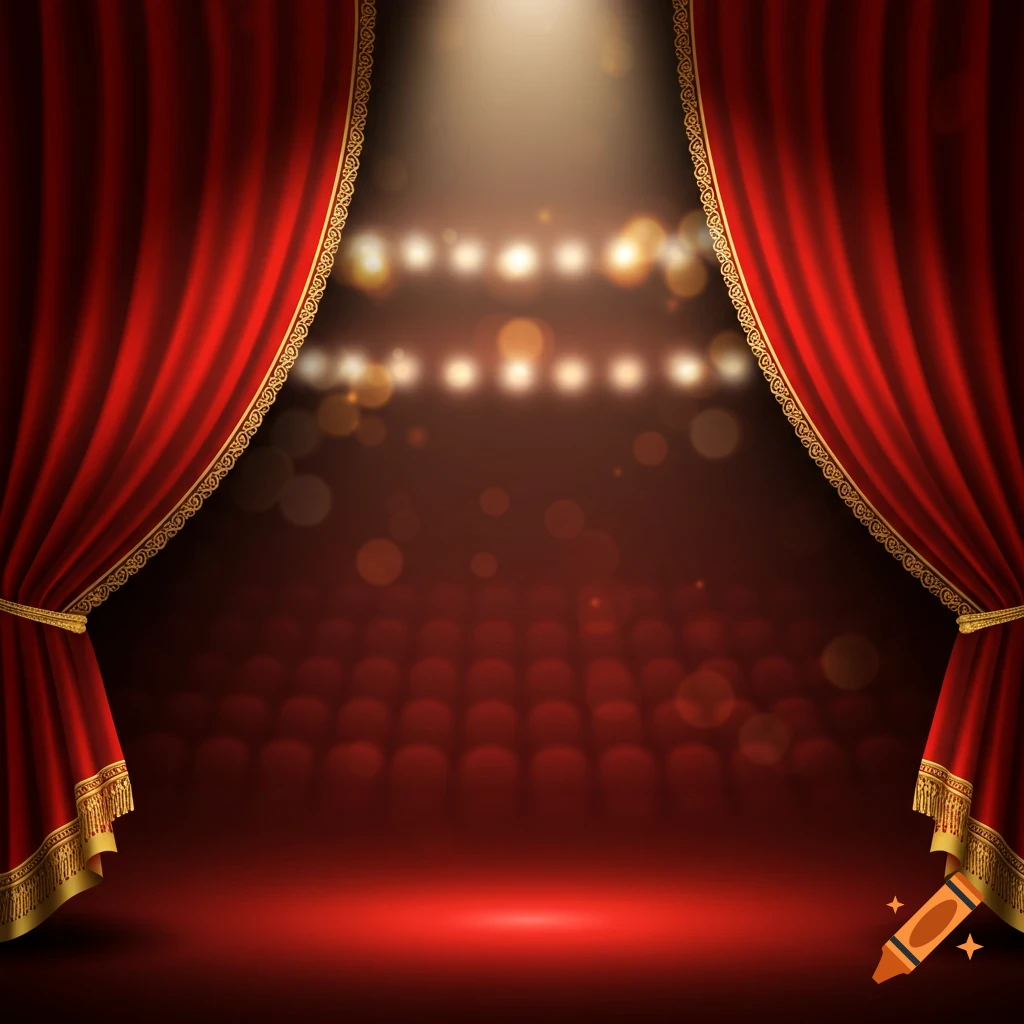 A red velvet theater curtain draped open reveals an empty stage bathed in a spotlight, with blurred audience seats in background.