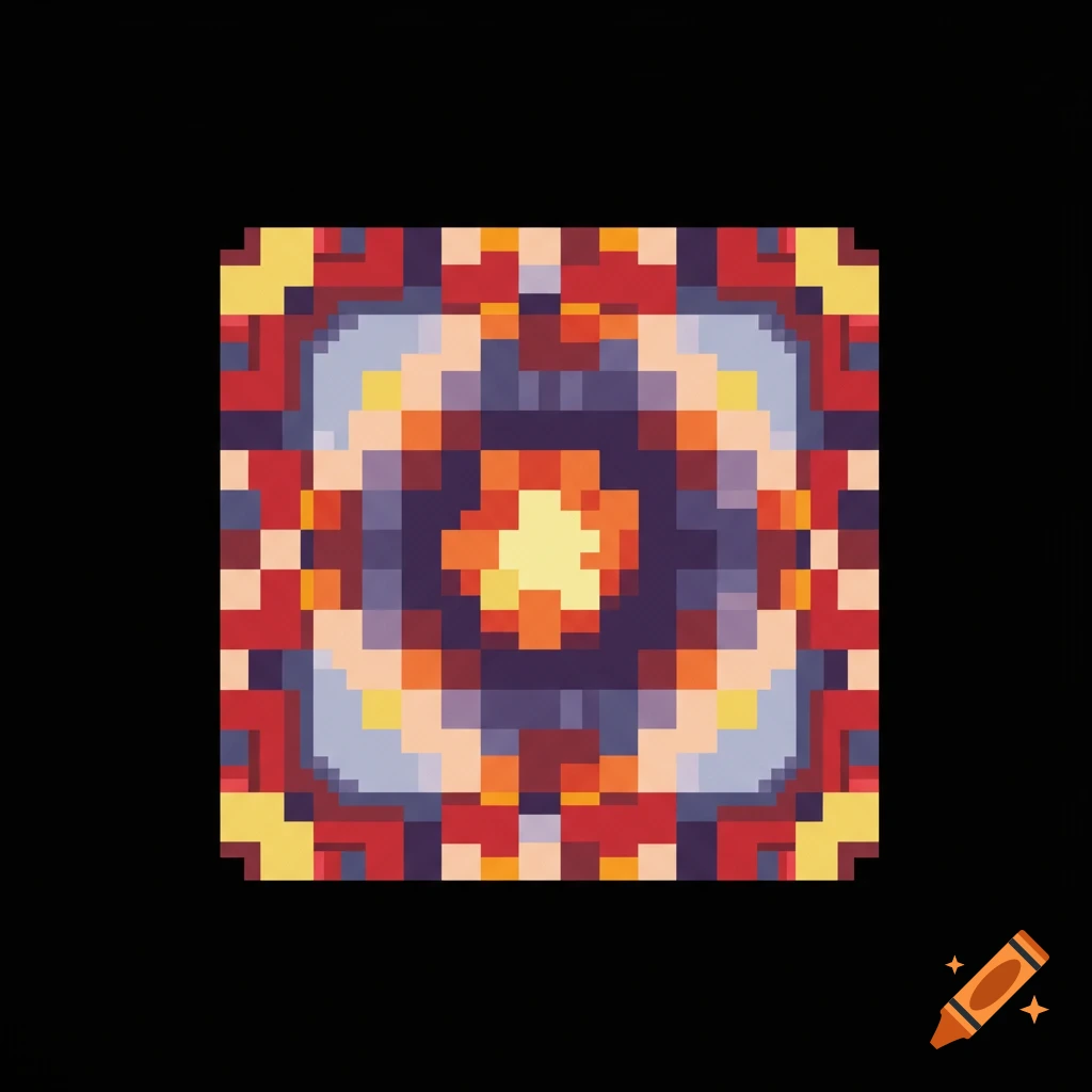 A vibrant, colorful pixel art square pattern with a central radial design, suitable for a game texture.