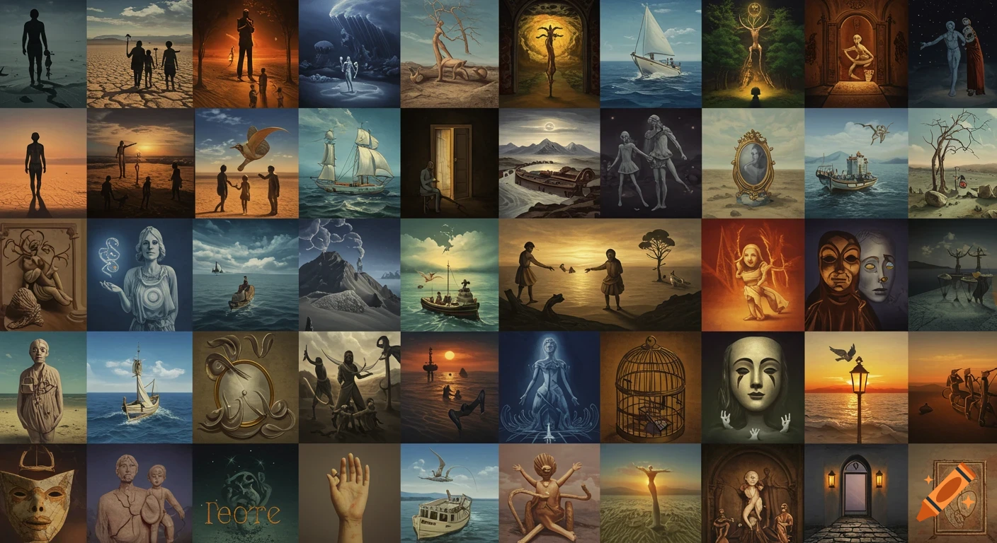 A 5x10 grid of 50 surrealist miniatures, in the style of Salvador Dalí, depicting dreamlike figures, landscapes, and symbolic objects.