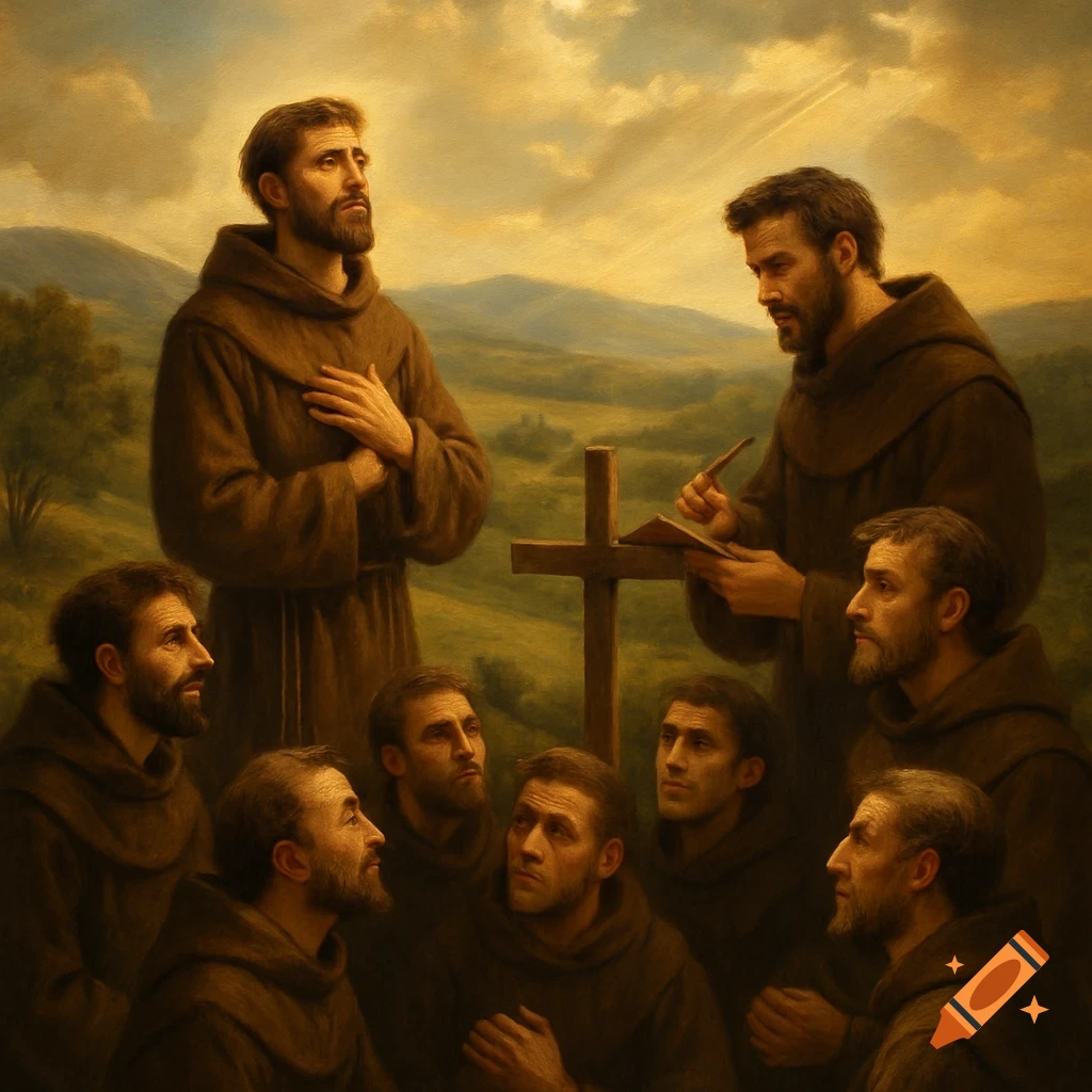 Painting of friars gathered around a wooden cross in a hilly landscape, one writing in a book, others looking on under a cloudy sky.