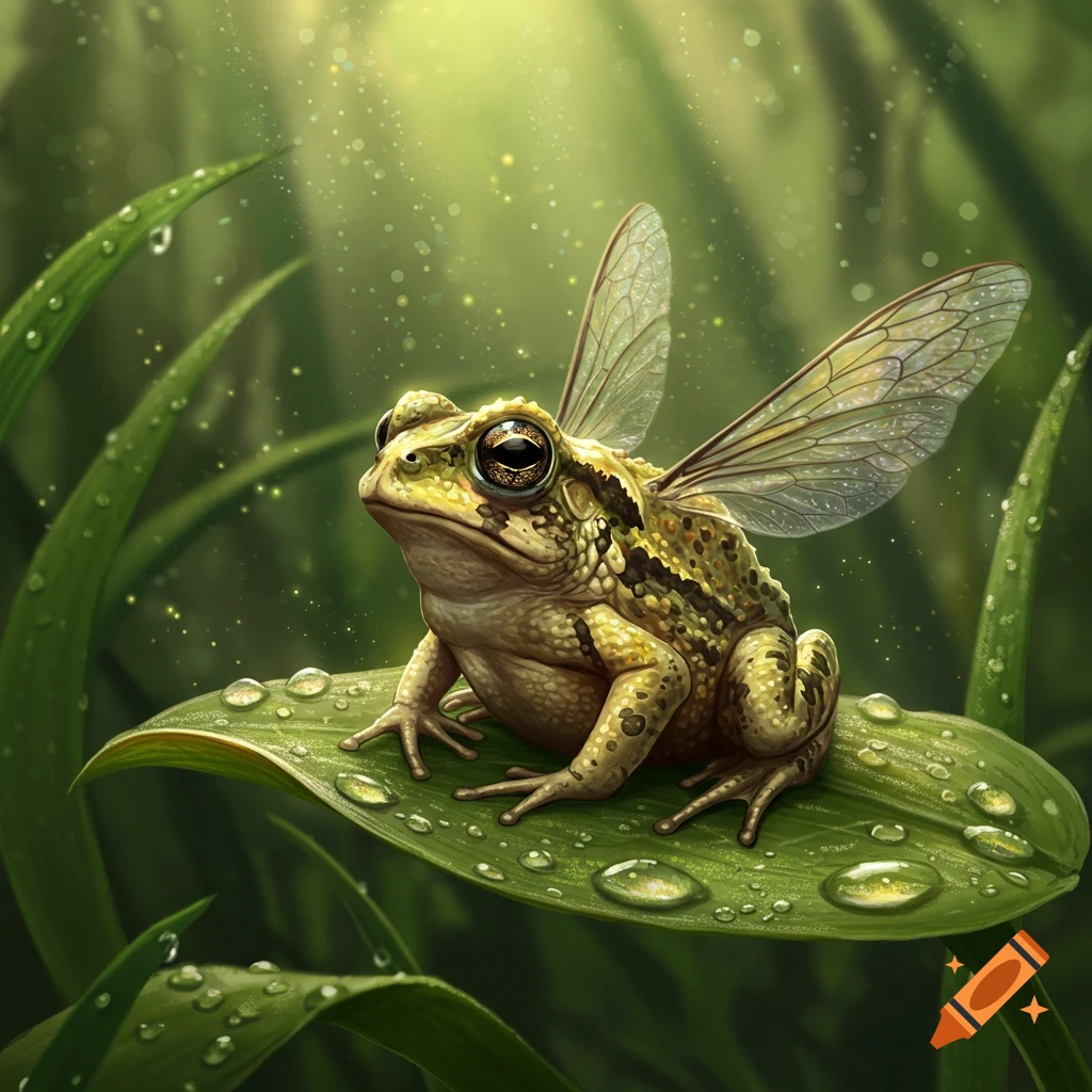 A whimsical frog with delicate insect wings sits on a dew-covered green leaf in a lush, magical forest setting.